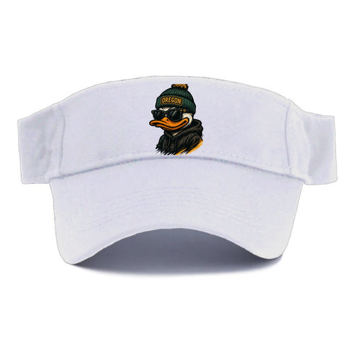 Eugene Duck wearing Oregon beanie with O patch - Visor