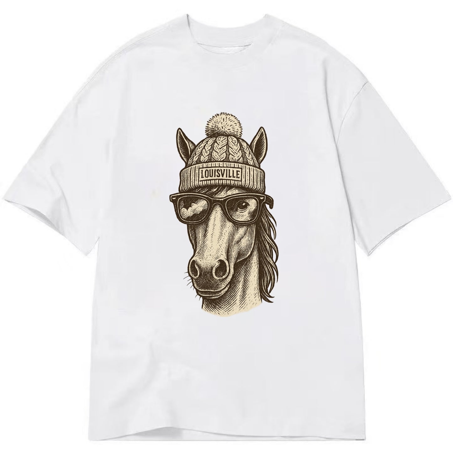 Kentucky Thoroughbred Horse wearing Louisville beanie with pom pom and wayfarer - Classic T-shirt - White