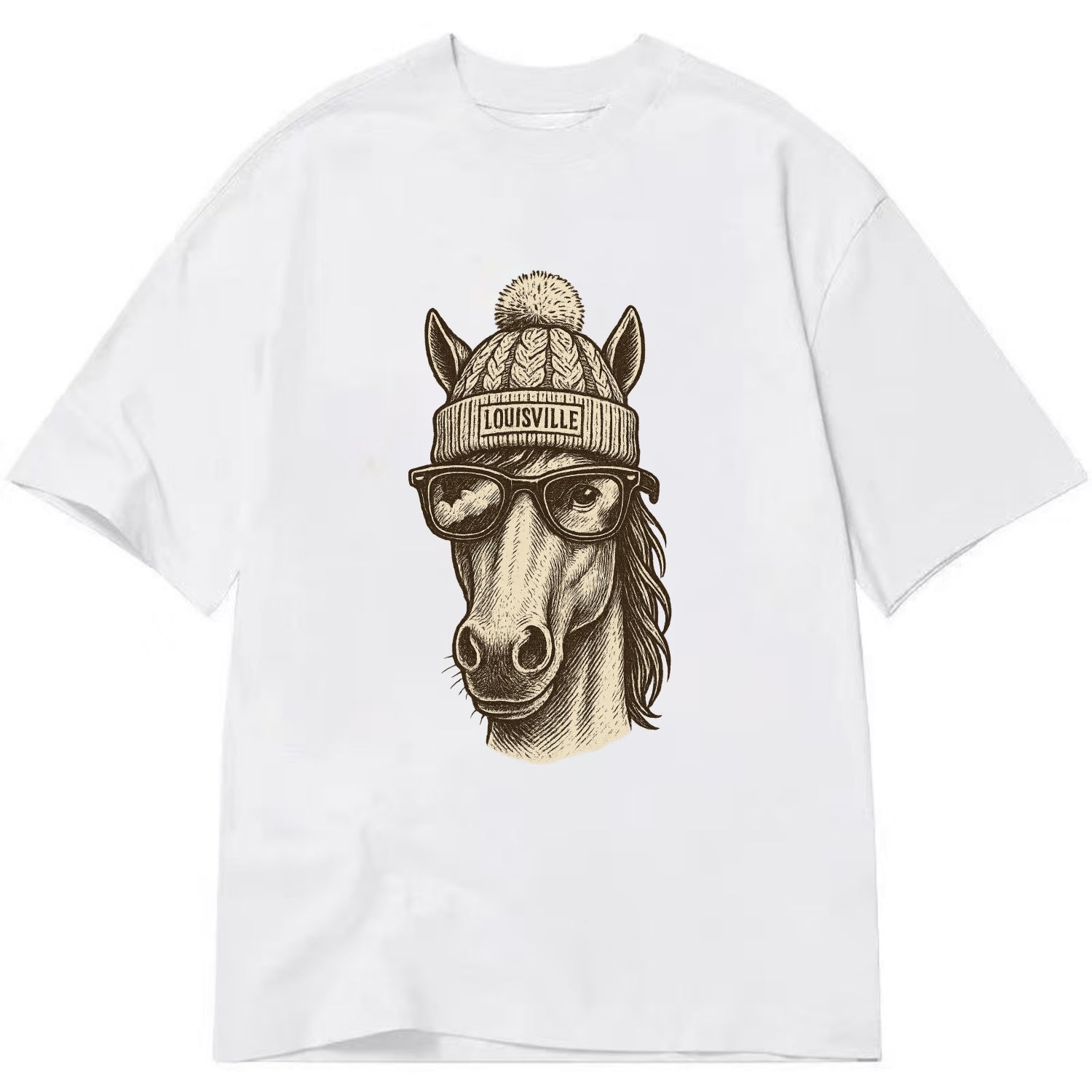 Kentucky Thoroughbred Horse wearing Louisville beanie with pom pom and wayfarer - Classic T-shirt - White