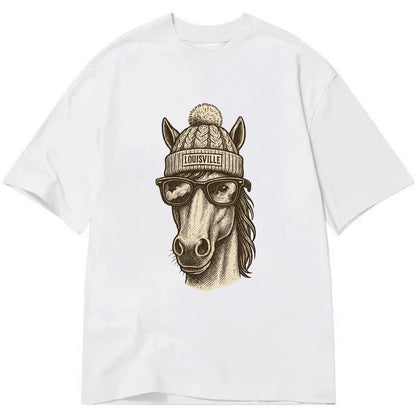 Kentucky Thoroughbred Horse wearing Louisville beanie with pom pom and wayfarer - Classic T-shirt - White