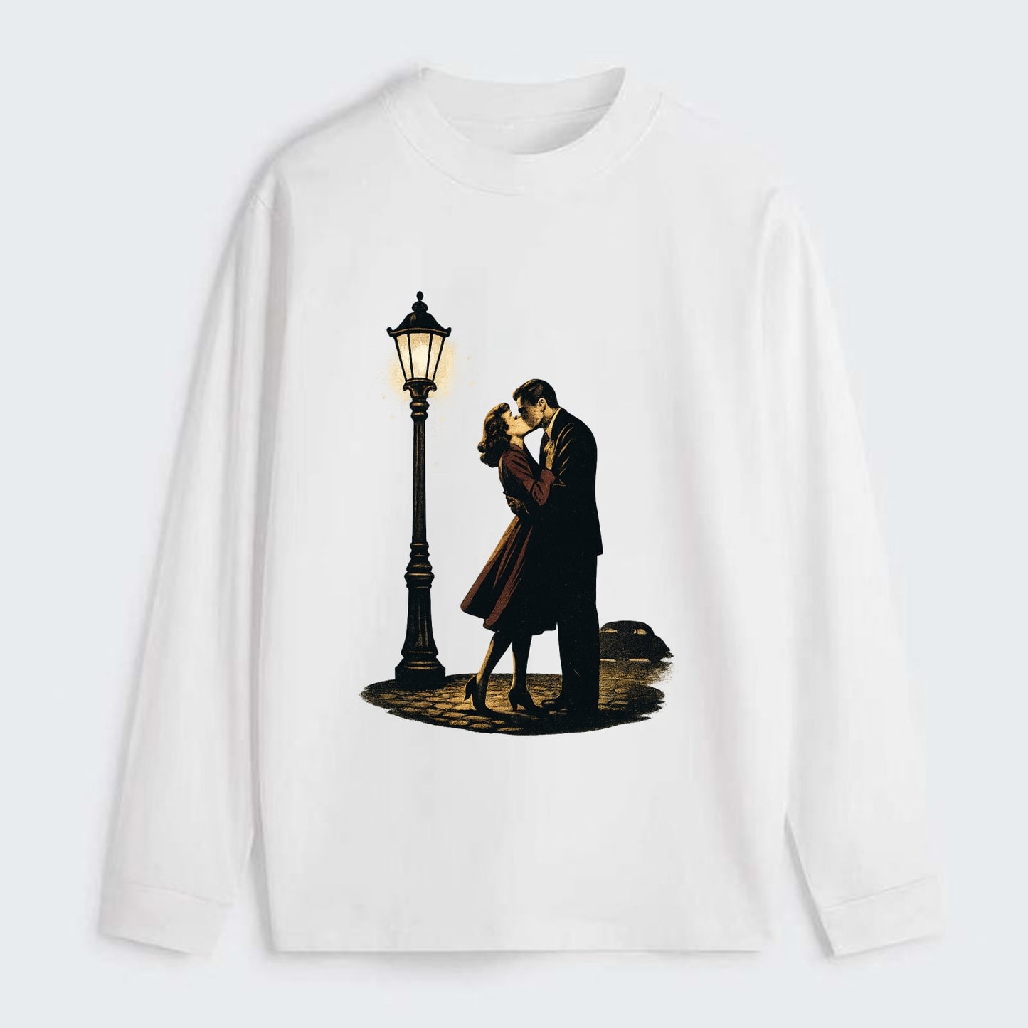 first kiss under vintage street lamp on cobblestone at night - Classic Long Sleeve Shirt - White
