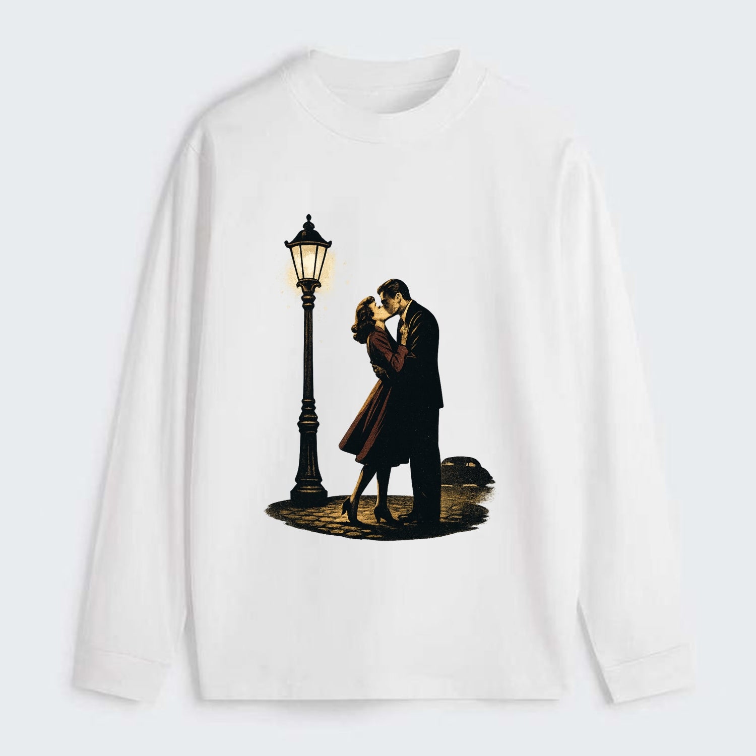 first kiss under vintage street lamp on cobblestone at night - Classic Long Sleeve Shirt - White