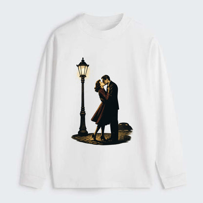 first kiss under vintage street lamp on cobblestone at night - Classic Long Sleeve Shirt - White