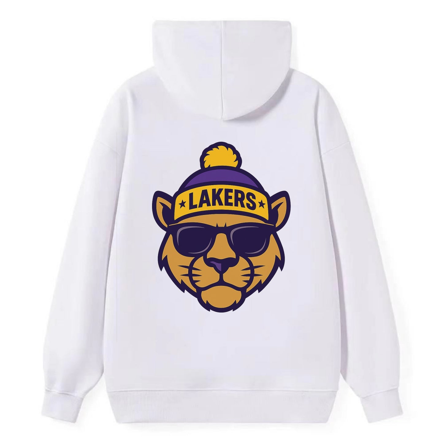 LA Mountain Lion wearing Lakers purple and gold beanie with championship - Classic Pullover Hoodie - White