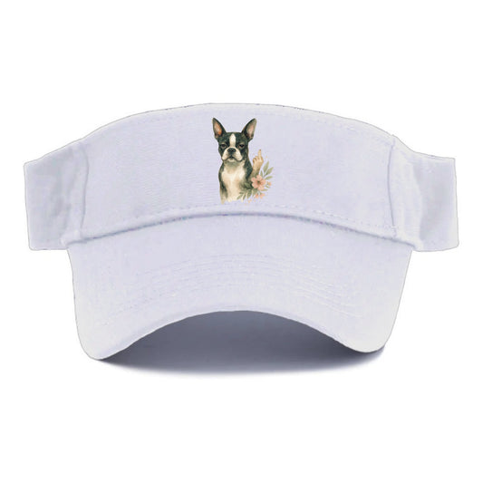 Boston Terrier with tuxedo markings, perky ears, paw up giving sass - Visor - White