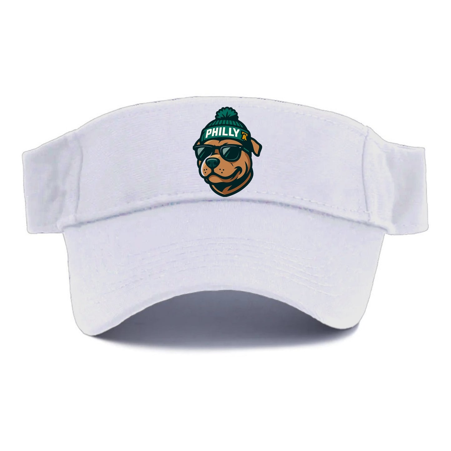 Philly Pitbull wearing Eagles beanie with Liberty Bell patch and wayfarer sunglasses - Visor - White