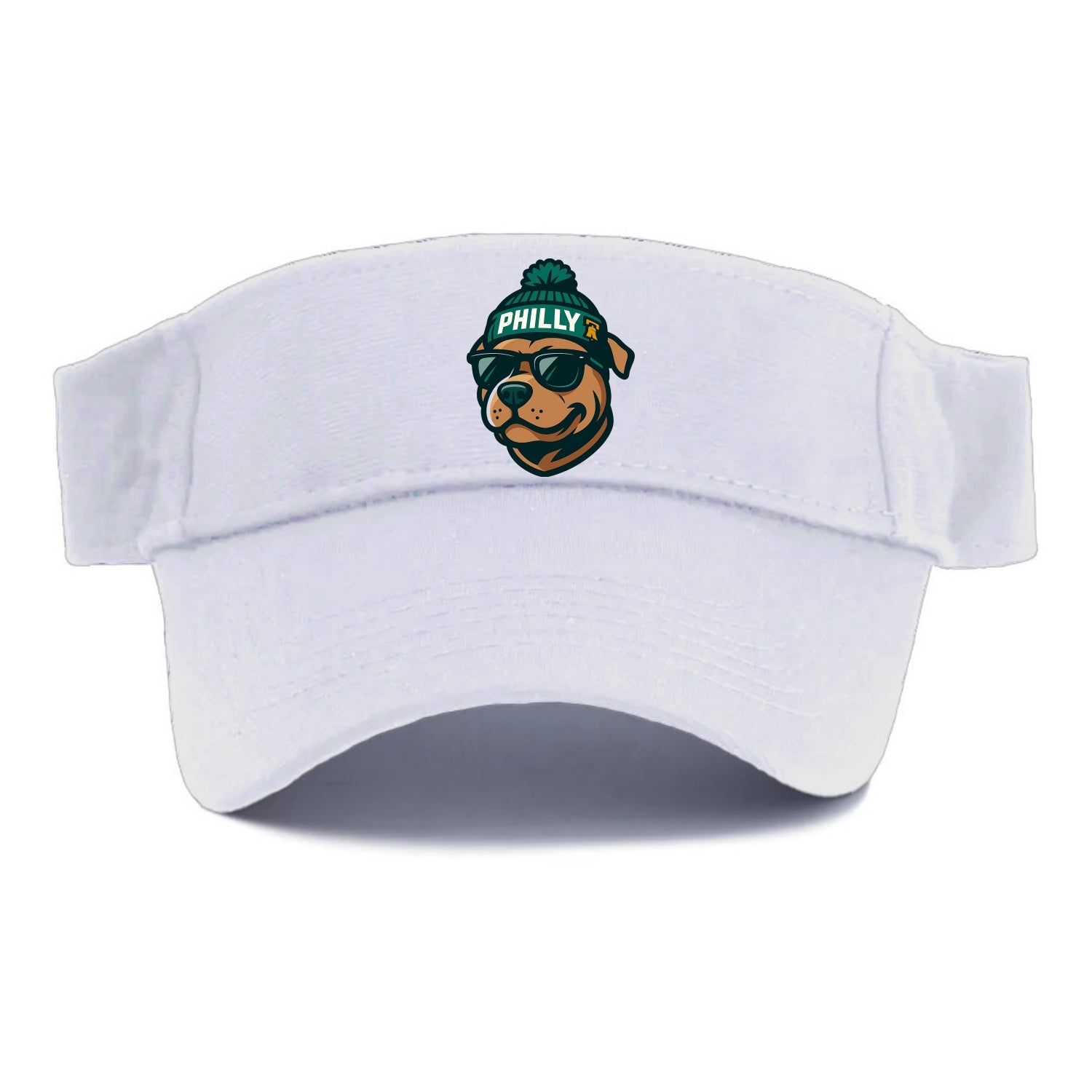 Philly Pitbull wearing Eagles beanie with Liberty Bell patch and wayfarer sunglasses - Visor - White