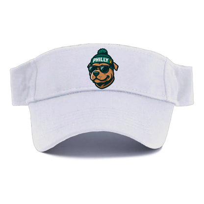 Philly Pitbull wearing Eagles beanie with Liberty Bell patch and wayfarer sunglasses - Visor - White