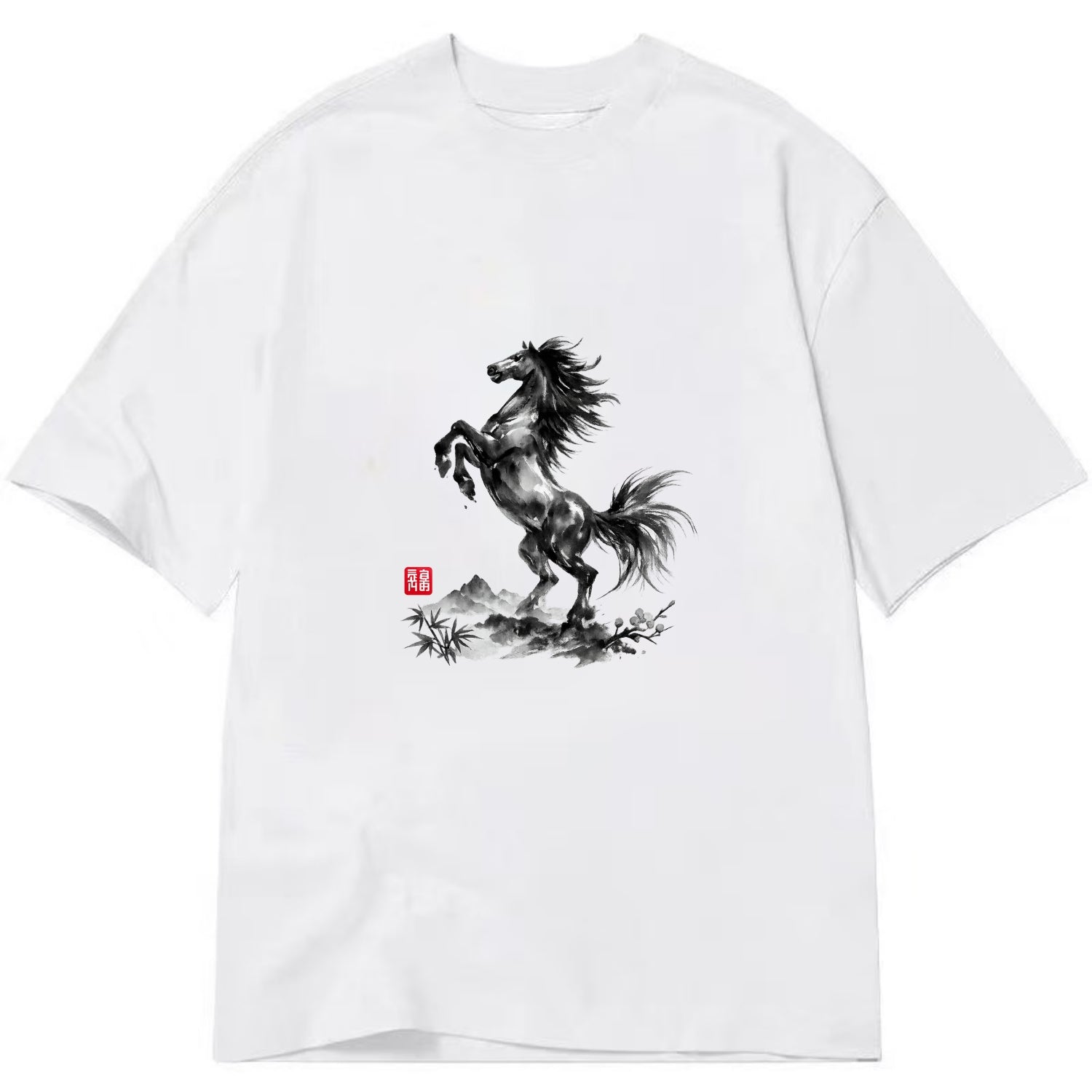 WILD STALLION | Powerful stallion rearing up | Windswept mane and tail | Mountain - Classic T-shirt - White