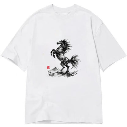 WILD STALLION | Powerful stallion rearing up | Windswept mane and tail | Mountain - Classic T-shirt - White
