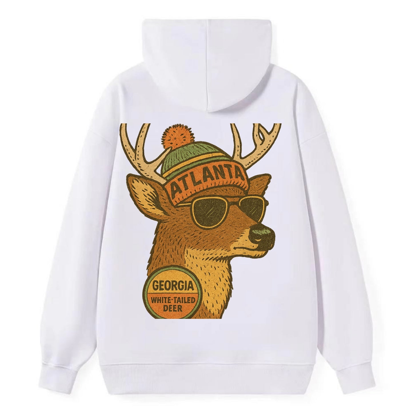 Georgia White-tailed Deer wearing Atlanta beanie with pom pom and - Classic Pullover Hoodie - White