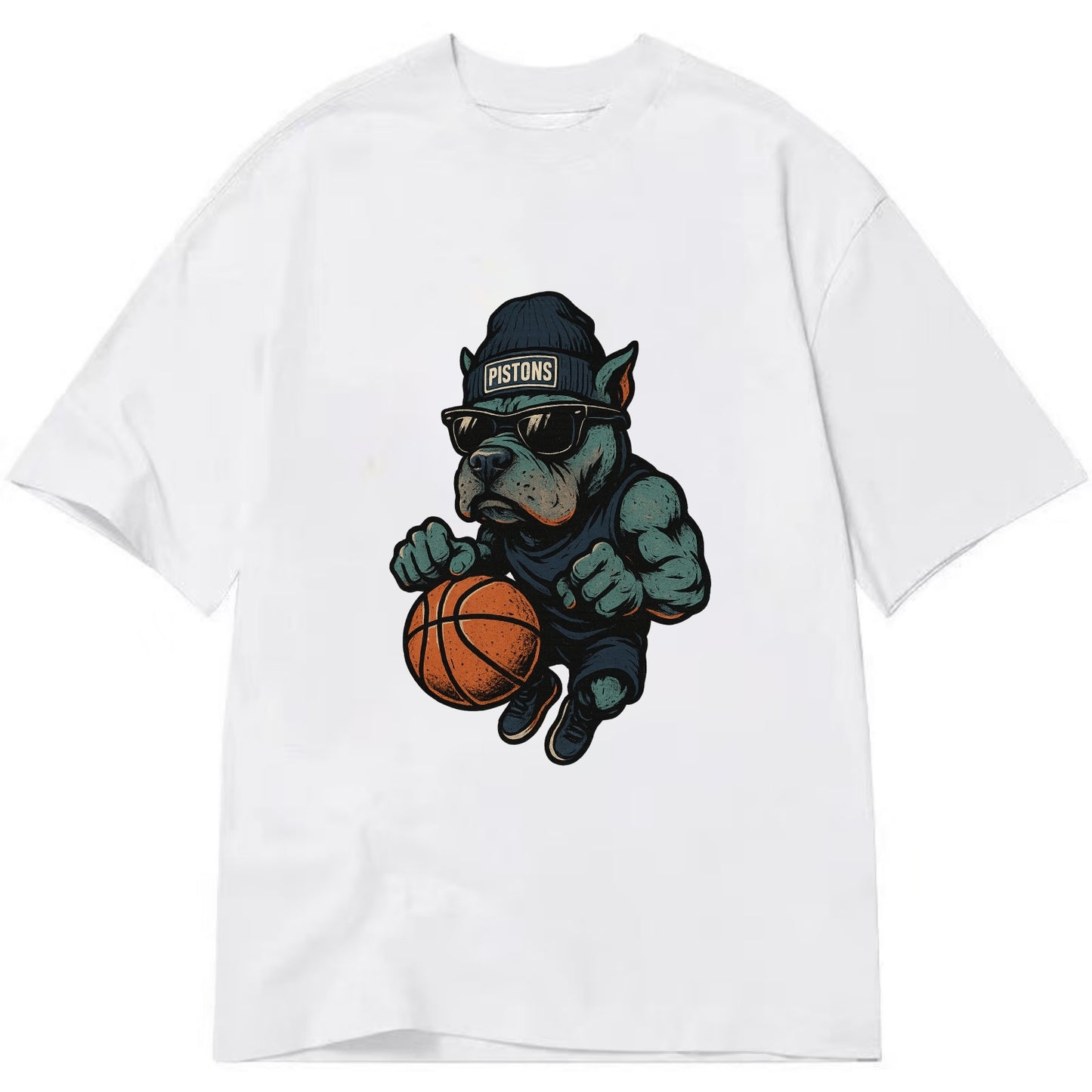 Detroit Pitbull wearing Pistons beanie with chrome patch and wayfarer sunglasses - Classic T-shirt - White