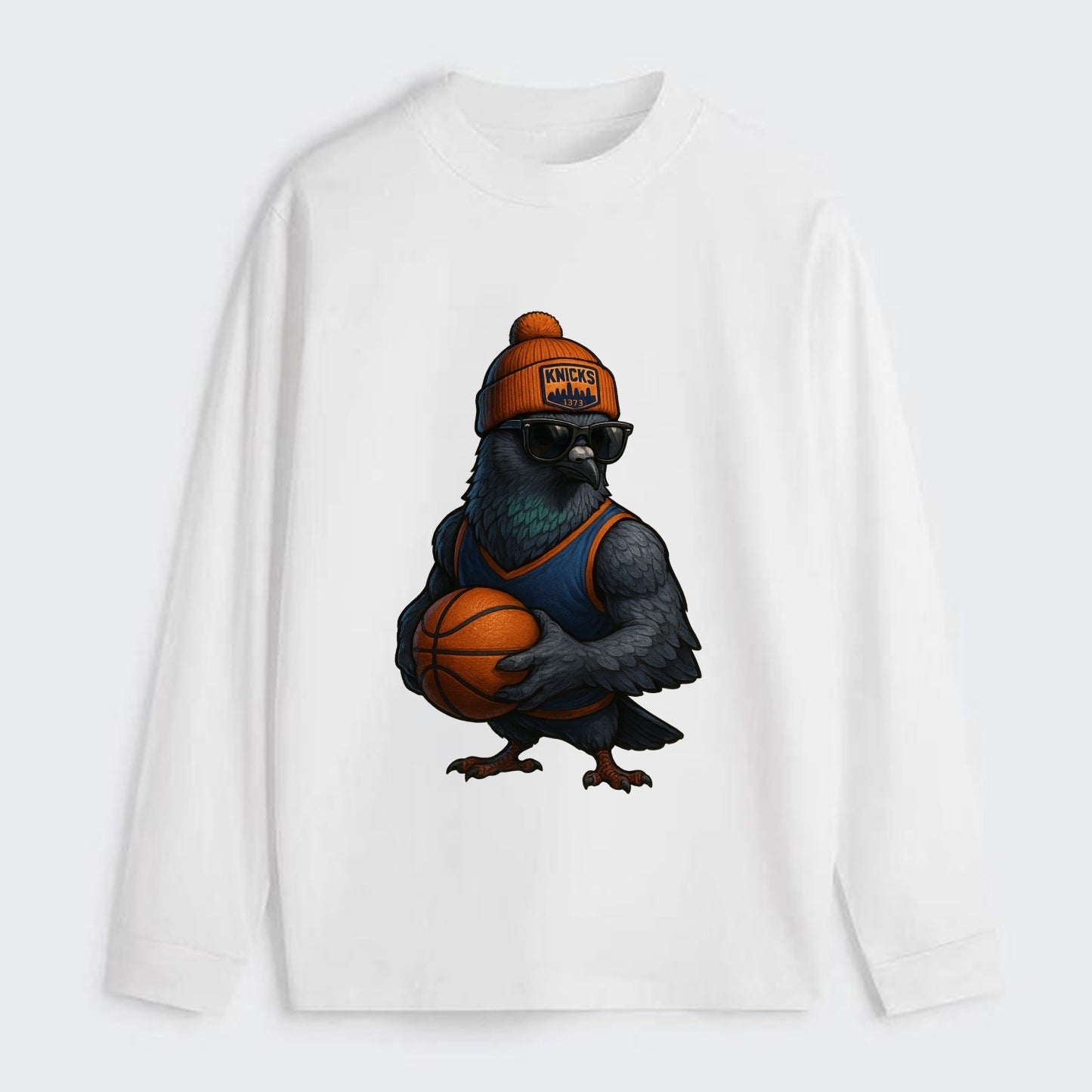 Manhattan Pigeon wearing Knicks beanie with skyline patch and wayfarer - Classic Long Sleeve Shirt - White