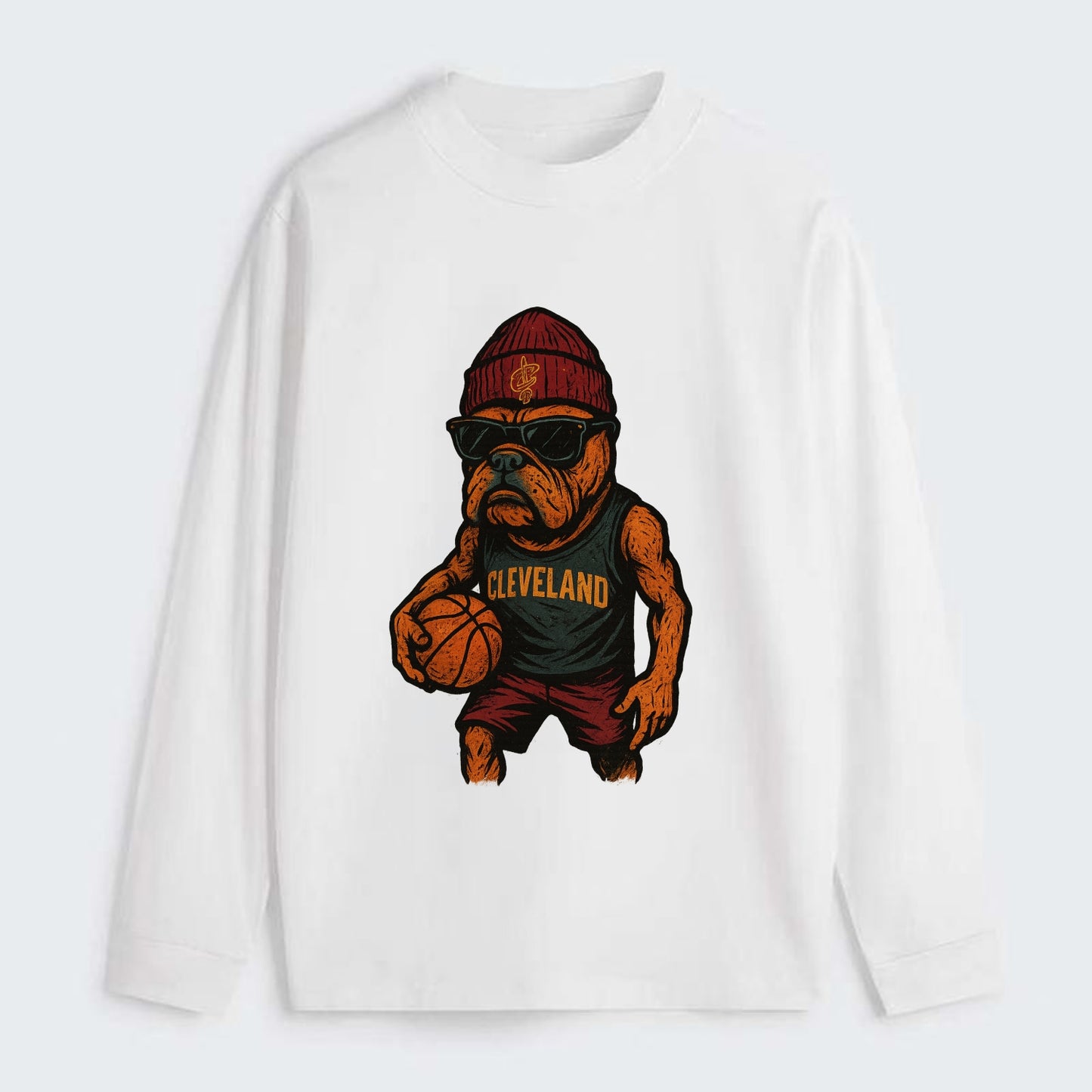 Cleveland Bulldog wearing Cavaliers wine and gold beanie with sword - Classic Long Sleeve Shirt - White
