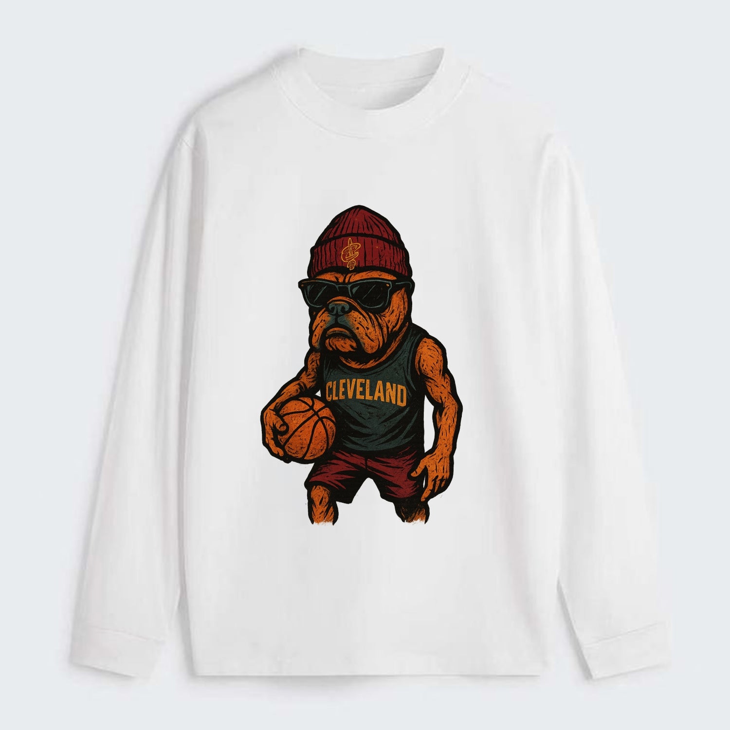 Cleveland Bulldog wearing Cavaliers wine and gold beanie with sword - Classic Long Sleeve Shirt - White