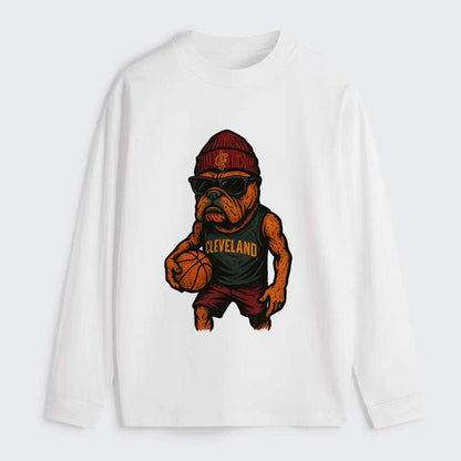 Cleveland Bulldog wearing Cavaliers wine and gold beanie with sword - Classic Long Sleeve Shirt - White