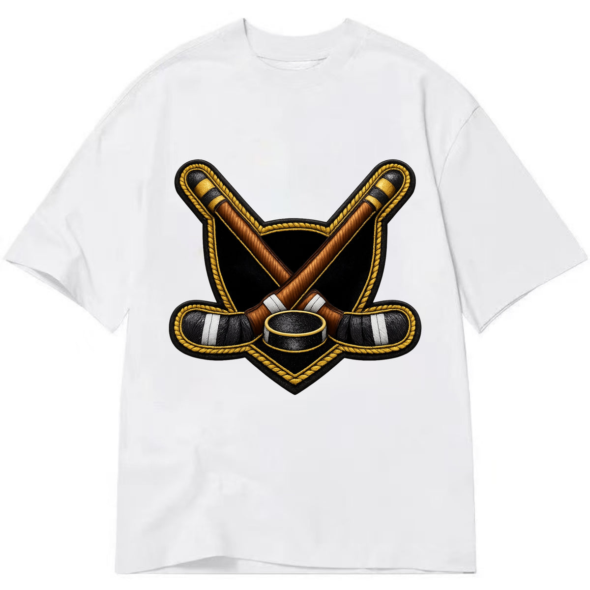 Embroidered patch design - HOCKEY CROSSED STICKS - ice hockey sticks with puck in - Classic T-shirt - White