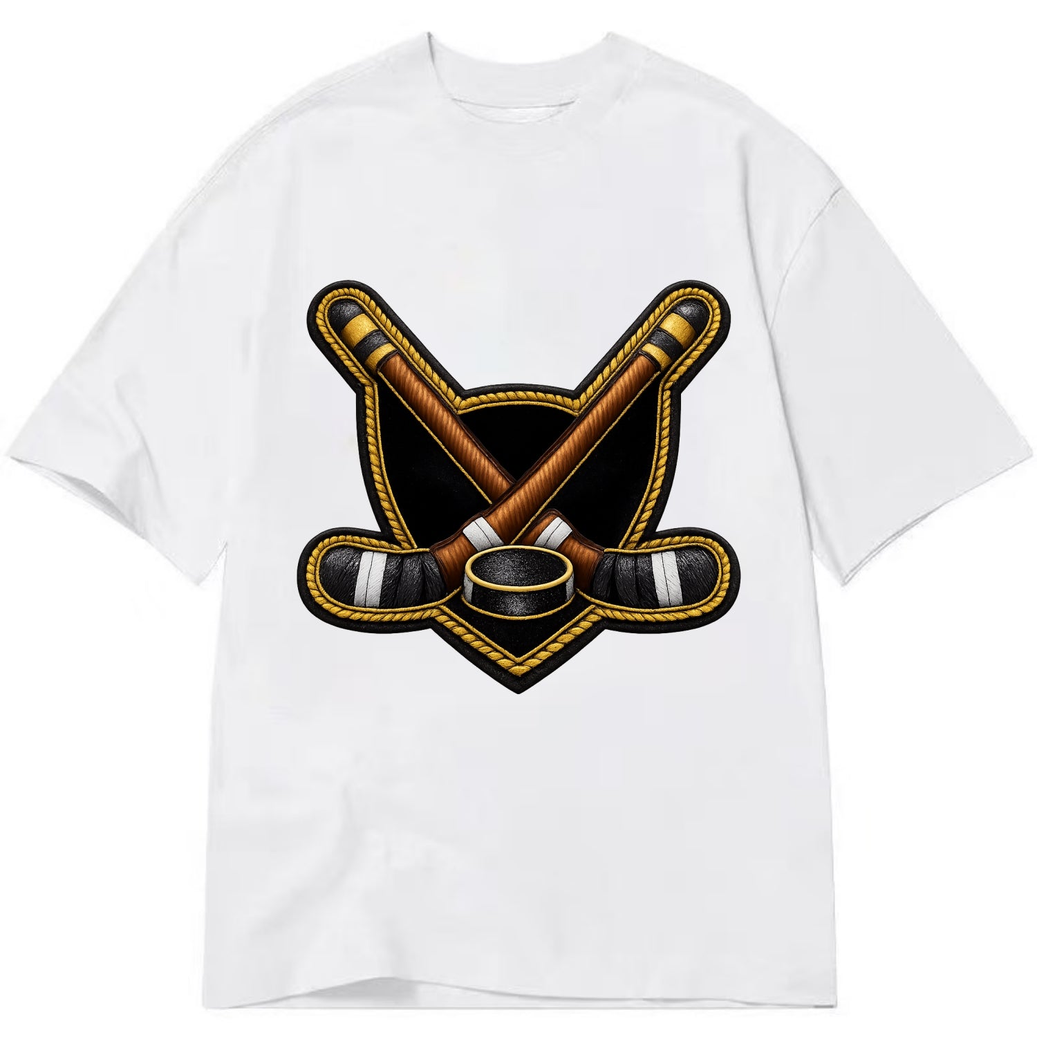 Embroidered patch design - HOCKEY CROSSED STICKS - ice hockey sticks with puck in - Classic T-shirt - White