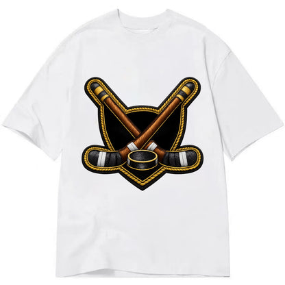 Embroidered patch design - HOCKEY CROSSED STICKS - ice hockey sticks with puck in - Classic T-shirt - White