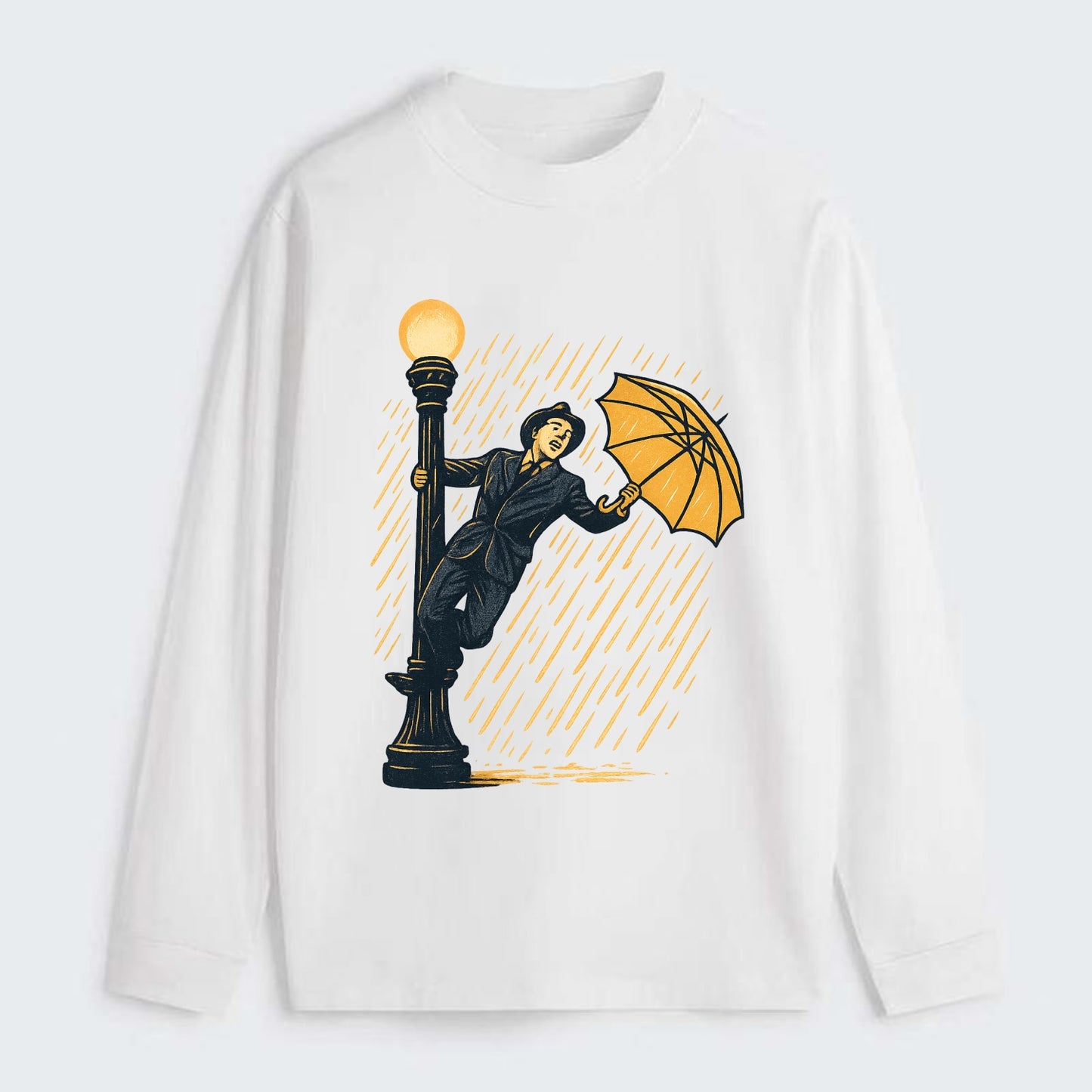 joyful dancing on lamppost in heavy rain with big smile - Classic Long Sleeve Shirt - White