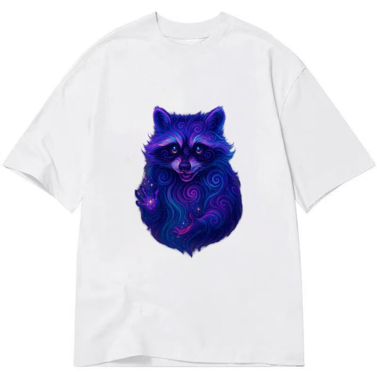 Playful raccoon with mask swirling in hypnotic patterns, neon purple and green - Classic T-shirt - White
