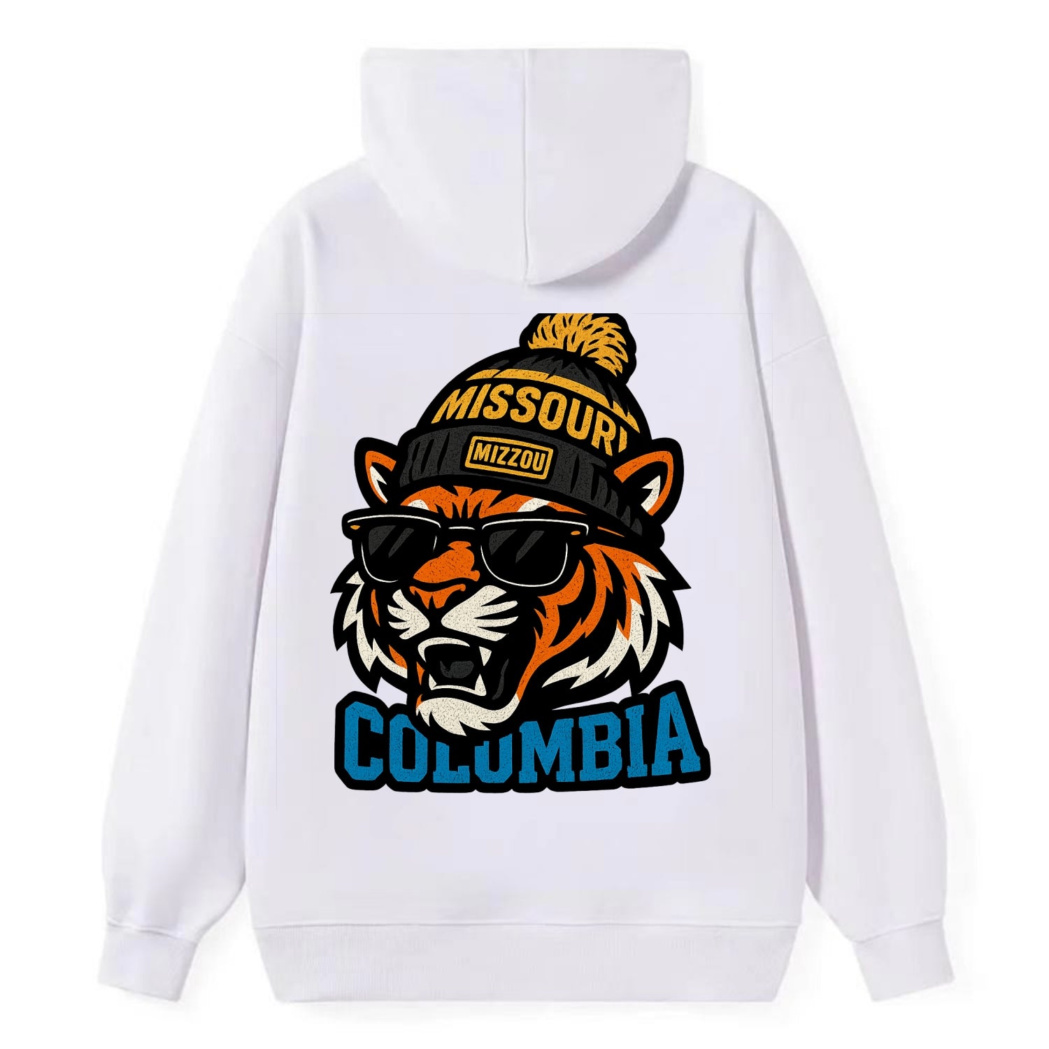 Columbia Tiger wearing Missouri beanie with Mizzou patch - Classic Pullover Hoodie - White