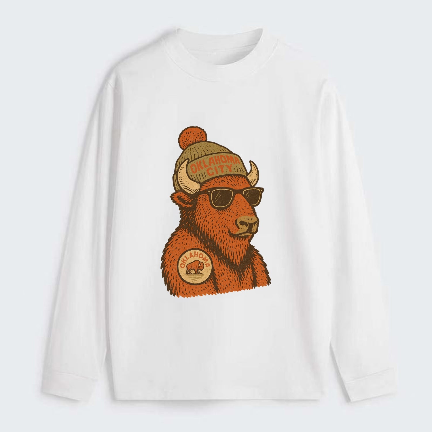 Oklahoma Buffalo wearing Oklahoma City beanie with pom pom and wayfarer - Classic Long Sleeve Shirt - White