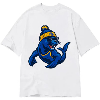 Bay Area Sea Lion wearing Warriors blue and gold beanie with Golden Gate and - Classic T-shirt - White