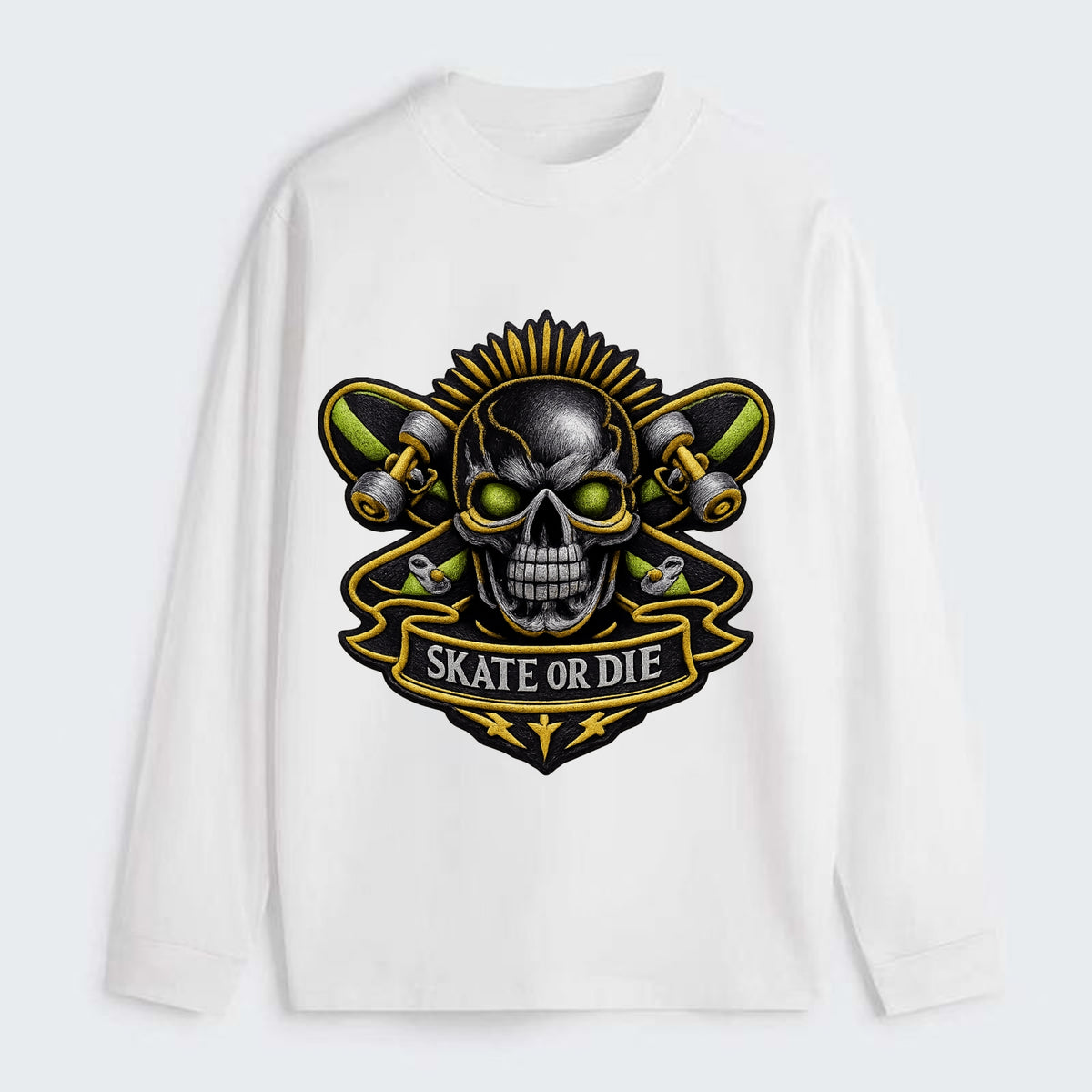 SKATEBOARD SKULL - skull with skateboard in black and neon green , - Classic Long Sleeve Shirt - White
