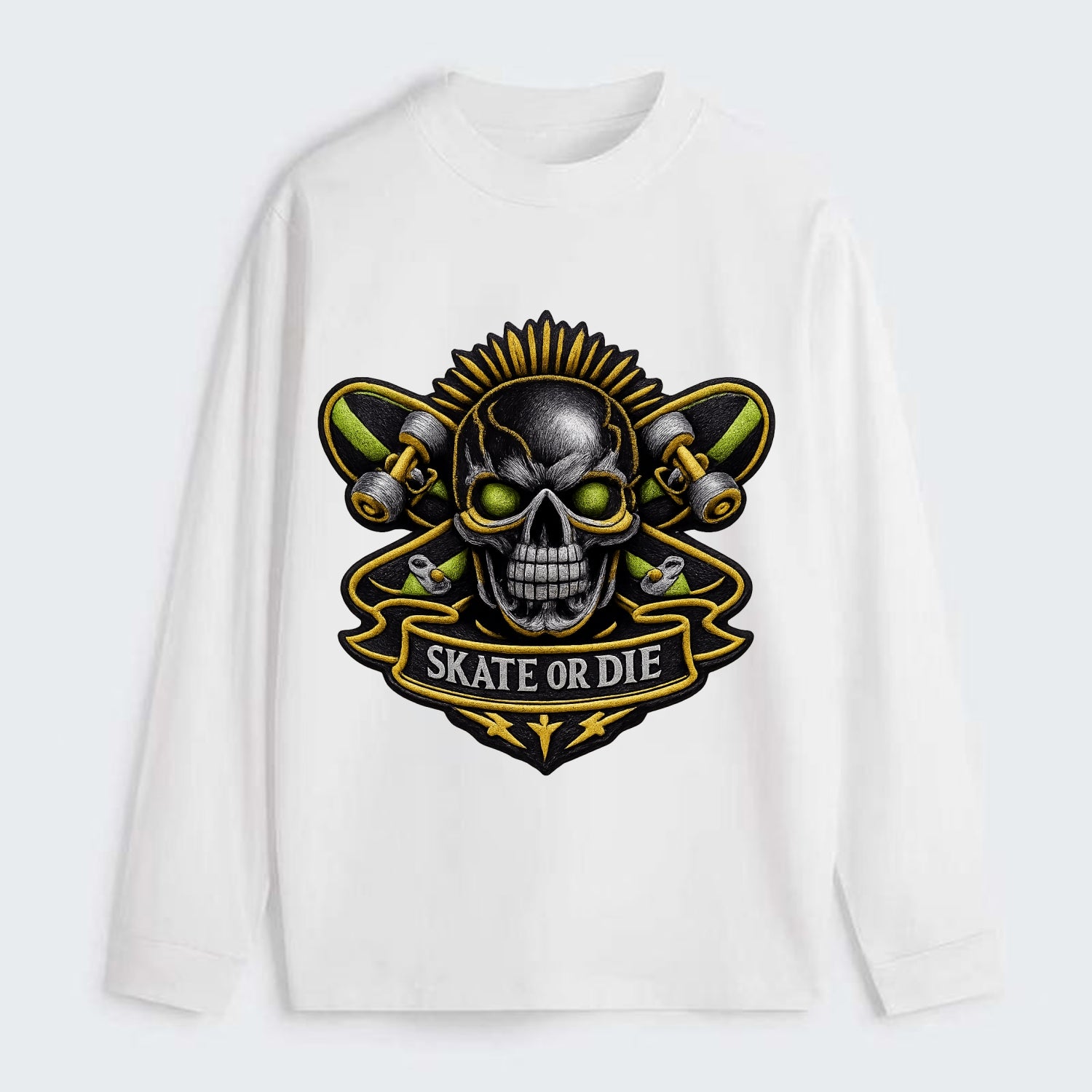 SKATEBOARD SKULL - skull with skateboard in black and neon green , - Classic Long Sleeve Shirt - White