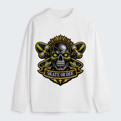 SKATEBOARD SKULL - skull with skateboard in black and neon green , - Classic Long Sleeve Shirt - White