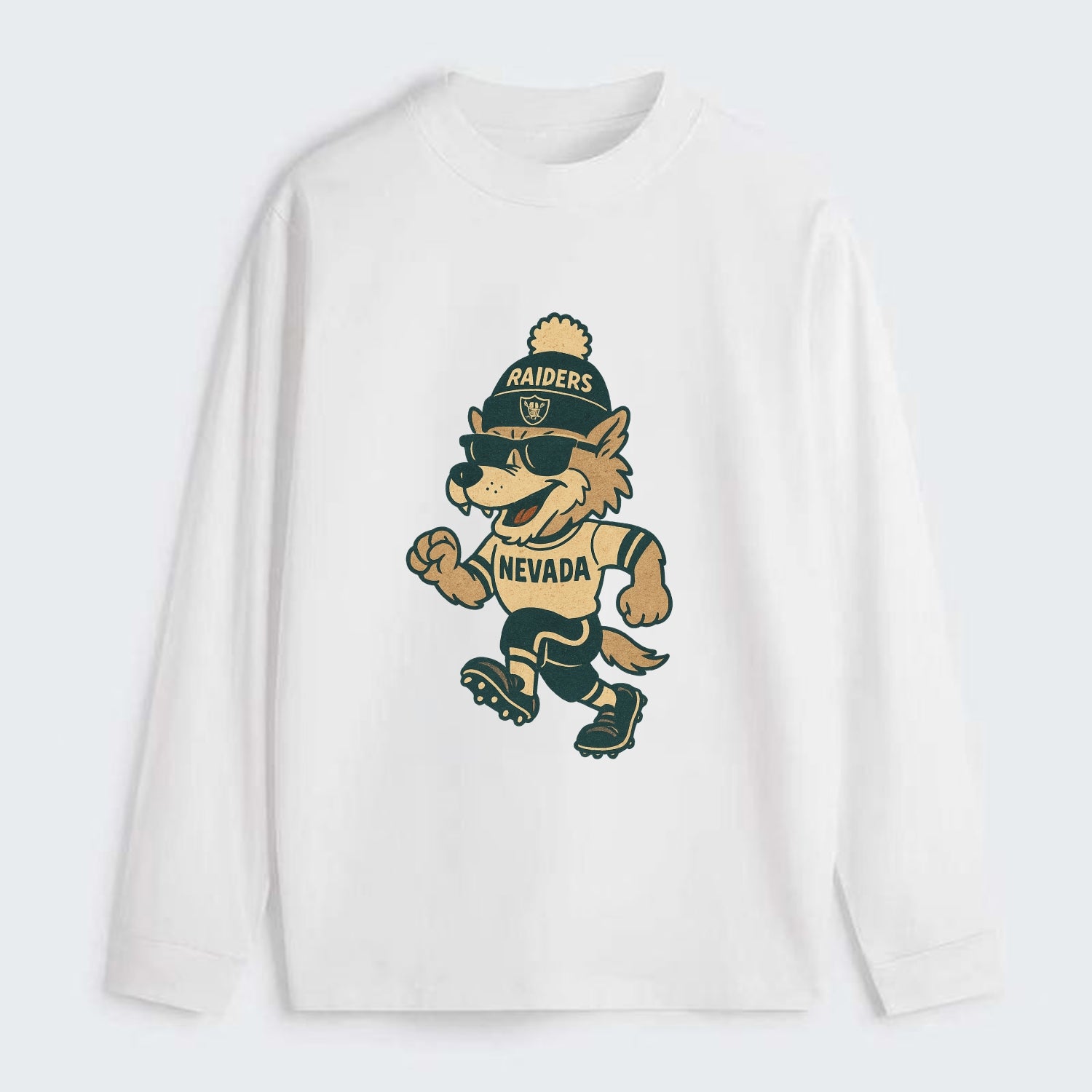 Nevada Wolf wearing Raiders beanie with outlaw patch and wayfarer - Classic Long Sleeve Shirt - White
