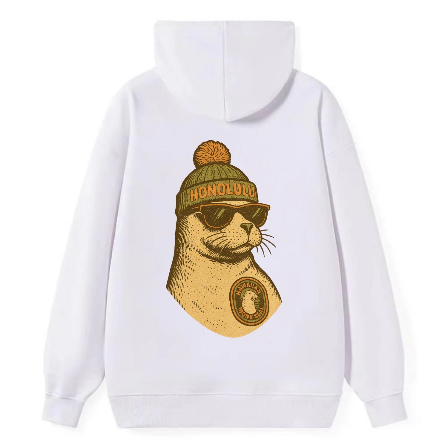 Hawaii Monk Seal wearing Honolulu beanie with pom pom and wayfarer - Classic Pullover Hoodie - White