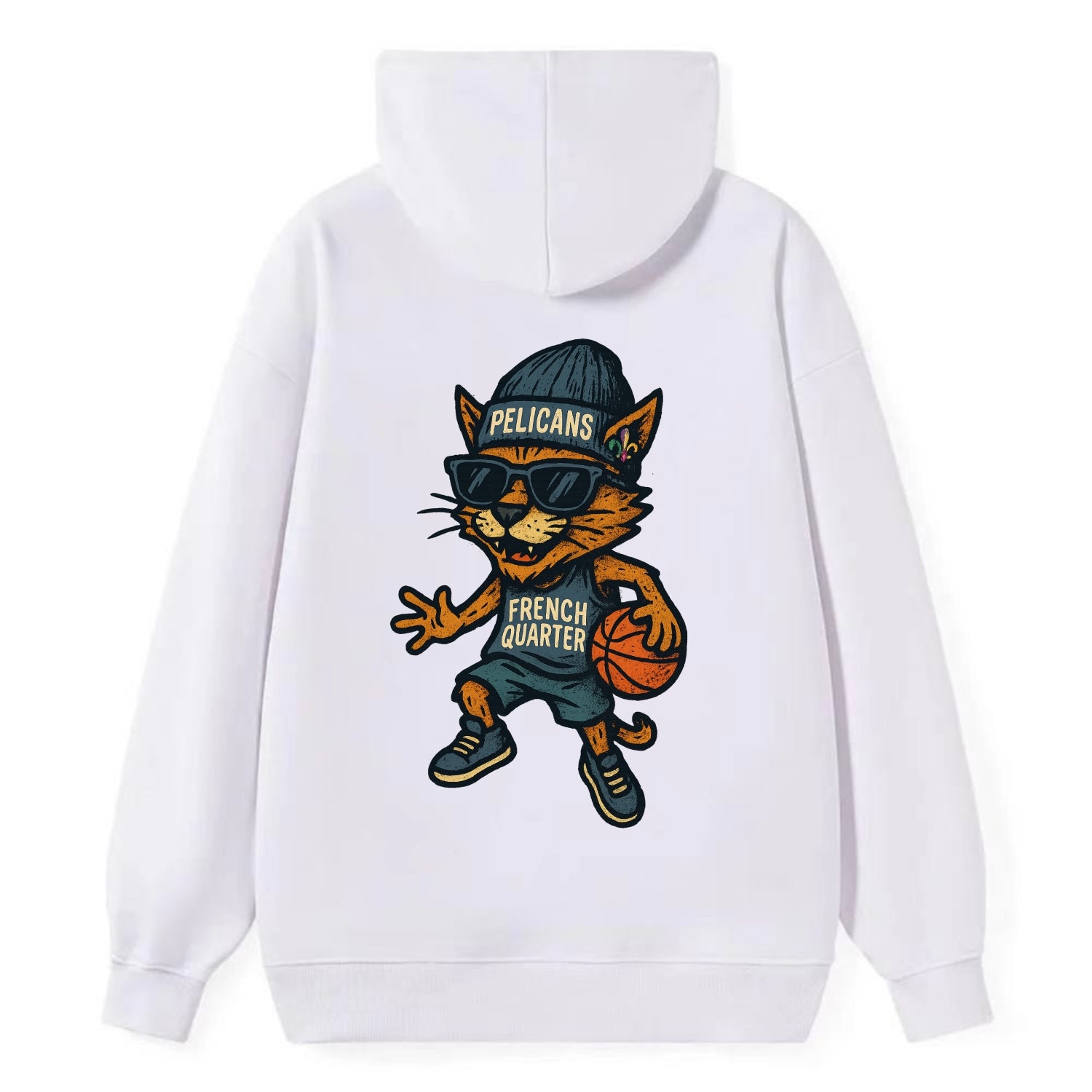 French Quarter Cat wearing Pelicans beanie with Mardi Gras patch and - Classic Pullover Hoodie - White