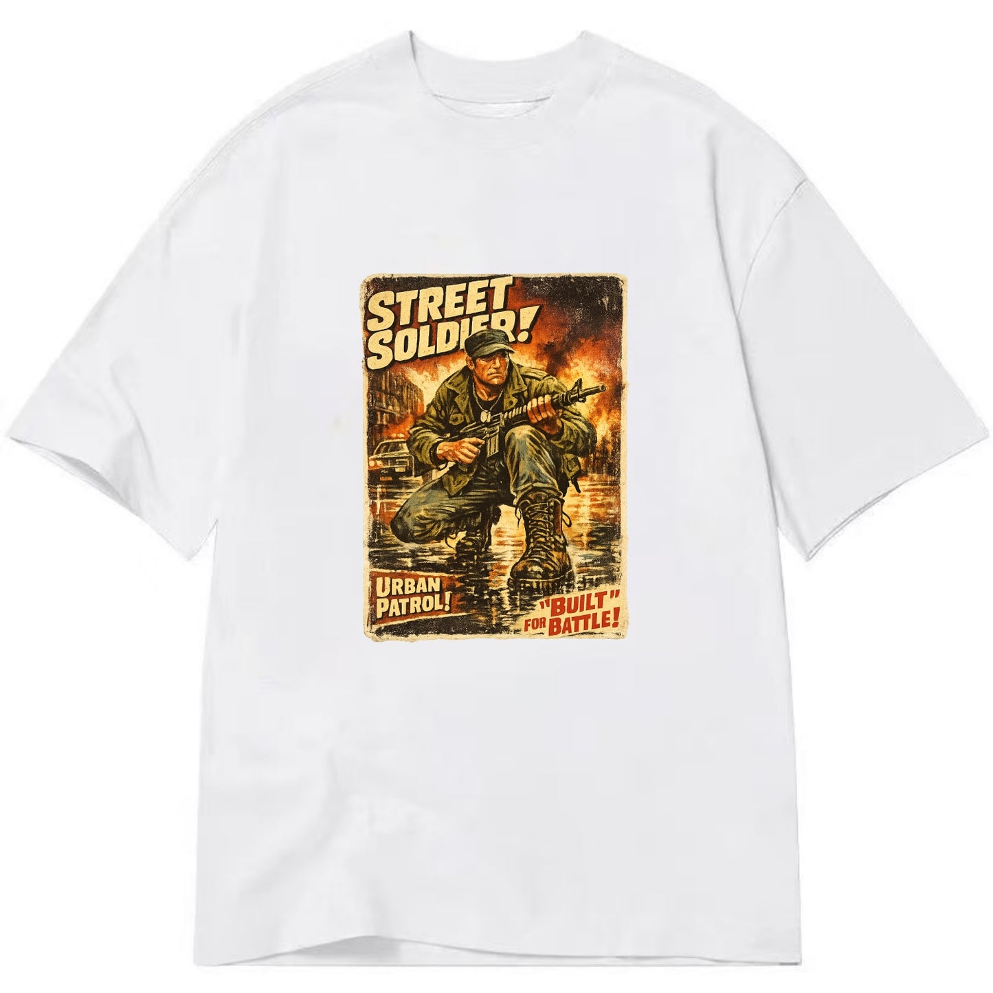 COMBAT READY | Military boots on wet pavement | Street soldier | Urban patrol | - Classic T-shirt - White