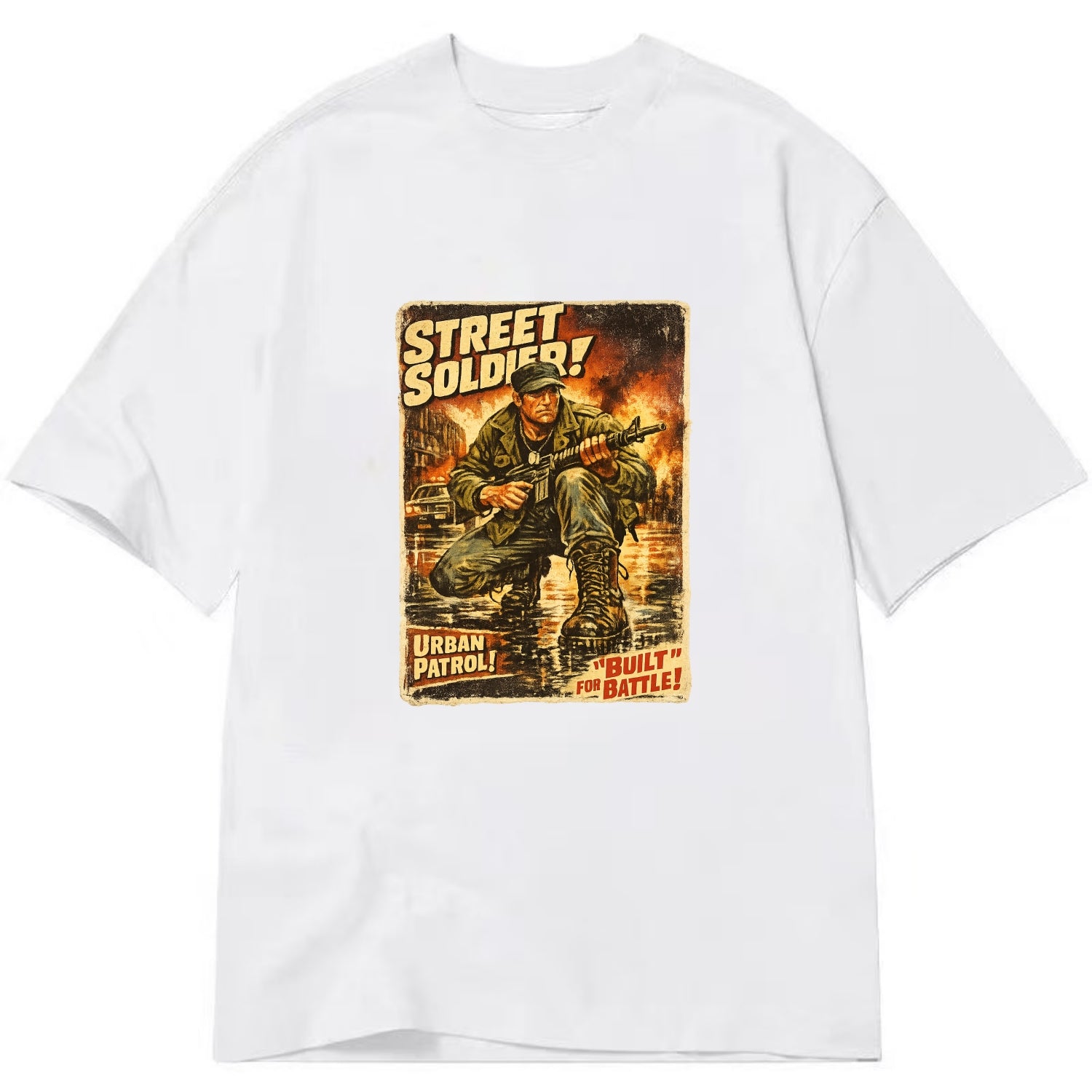 COMBAT READY | Military boots on wet pavement | Street soldier | Urban patrol | - Classic T-shirt - White