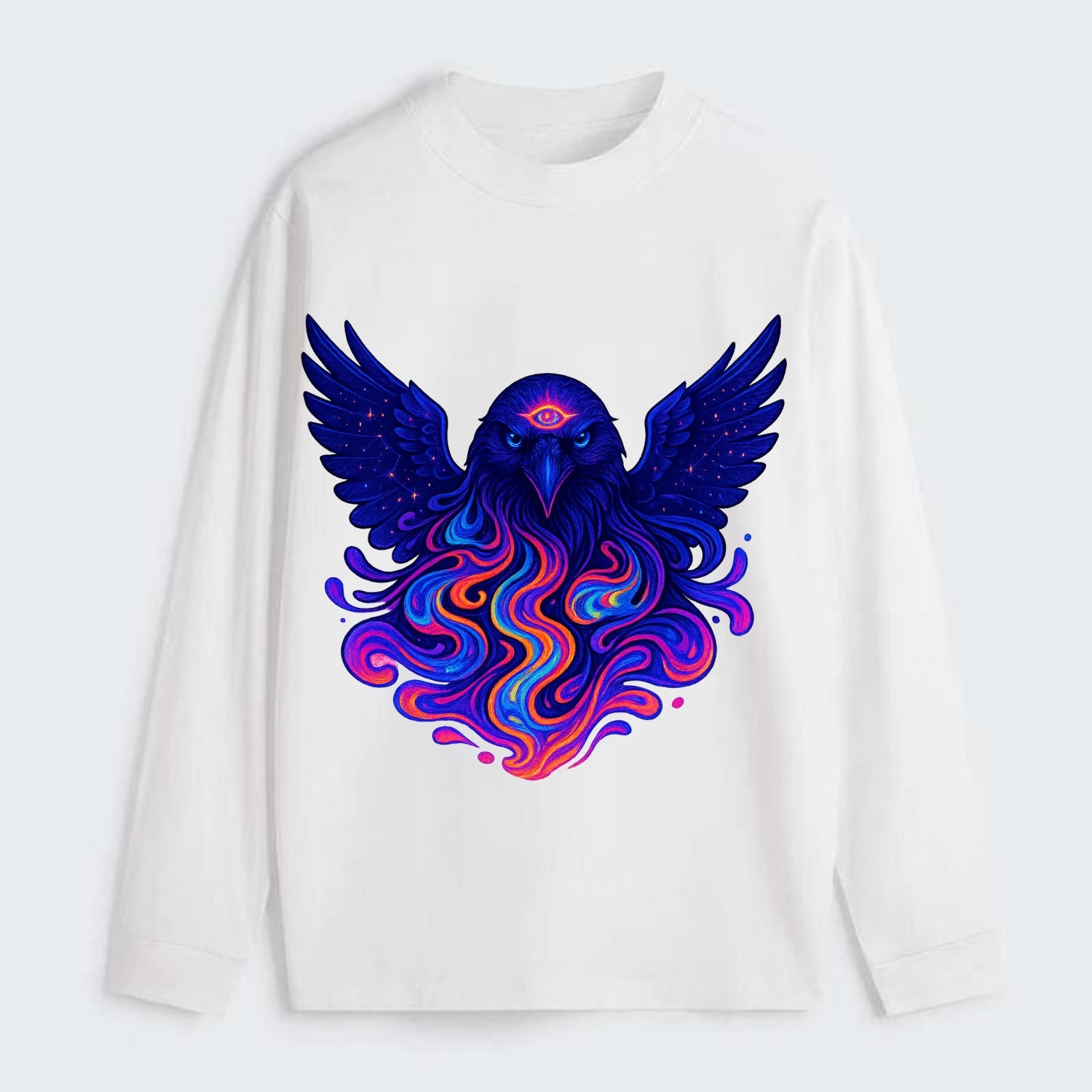 Mysterious raven with feathers showing future visions in neon colors, - Classic Long Sleeve Shirt - White