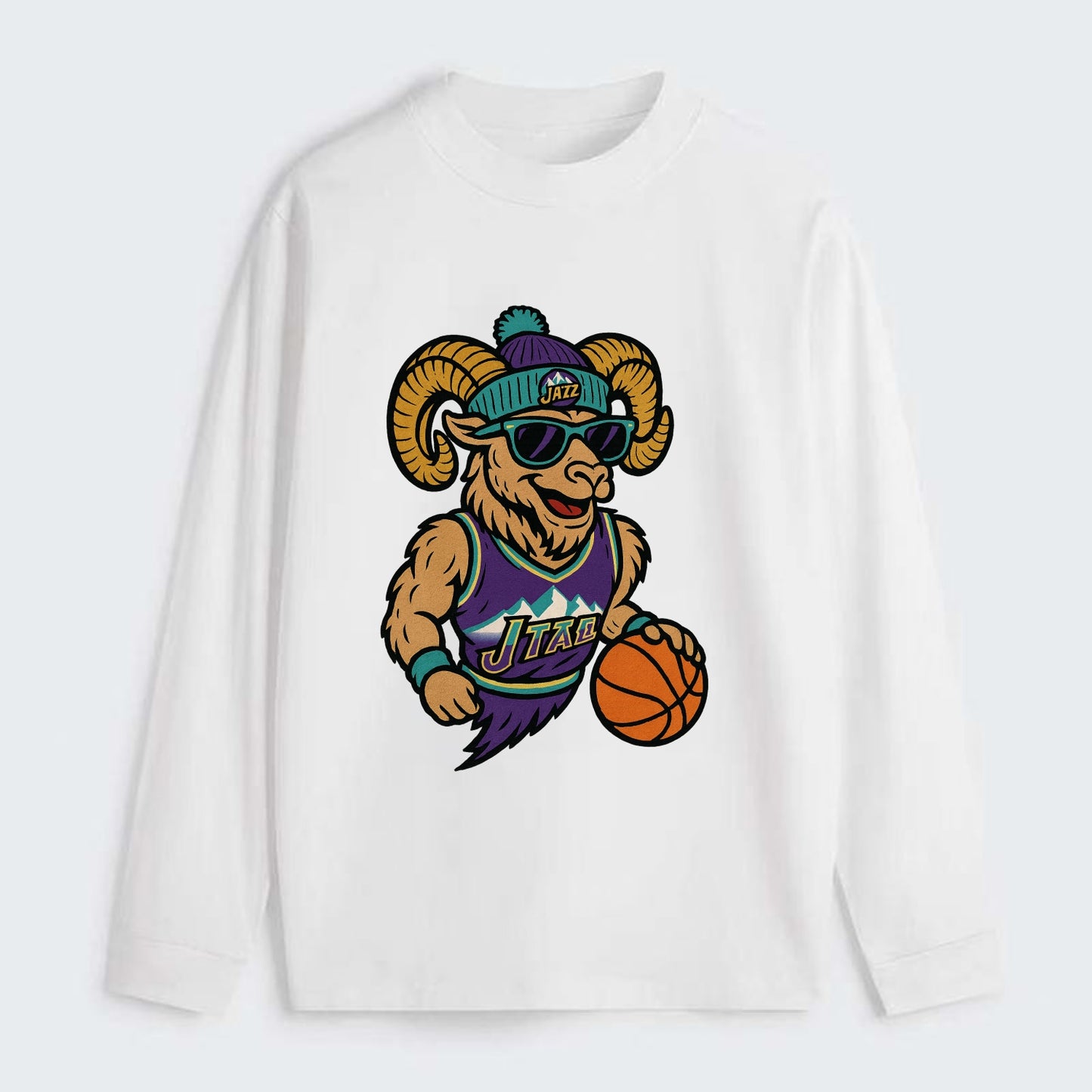 Utah Bighorn wearing Jazz beanie with mountain melody patch and - Classic Long Sleeve Shirt - White