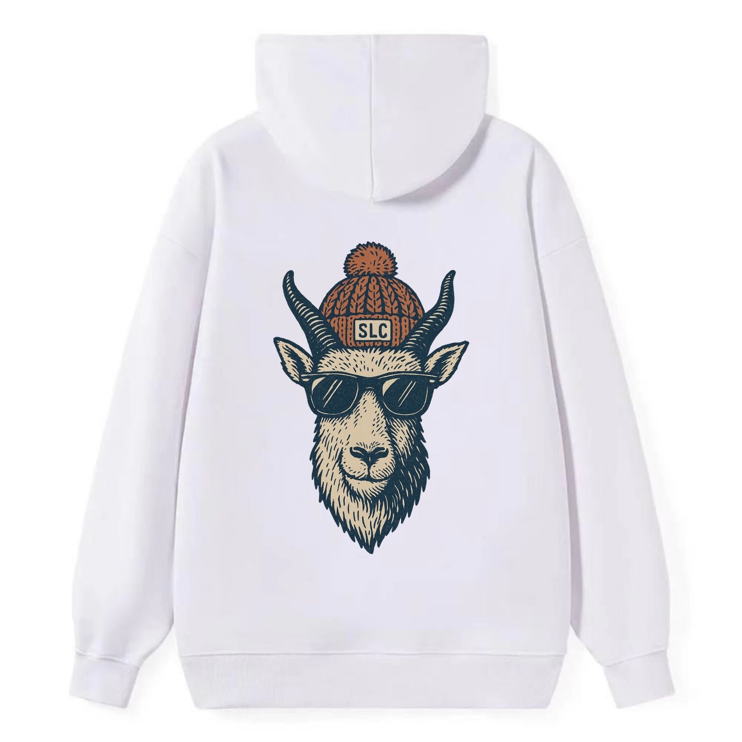 Salt Lake City Mountain Goat wearing SLC beanie with pom pom and wayfarer - Classic Pullover Hoodie - White
