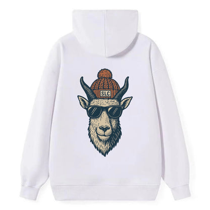 Salt Lake City Mountain Goat wearing SLC beanie with pom pom and wayfarer - Classic Pullover Hoodie - White
