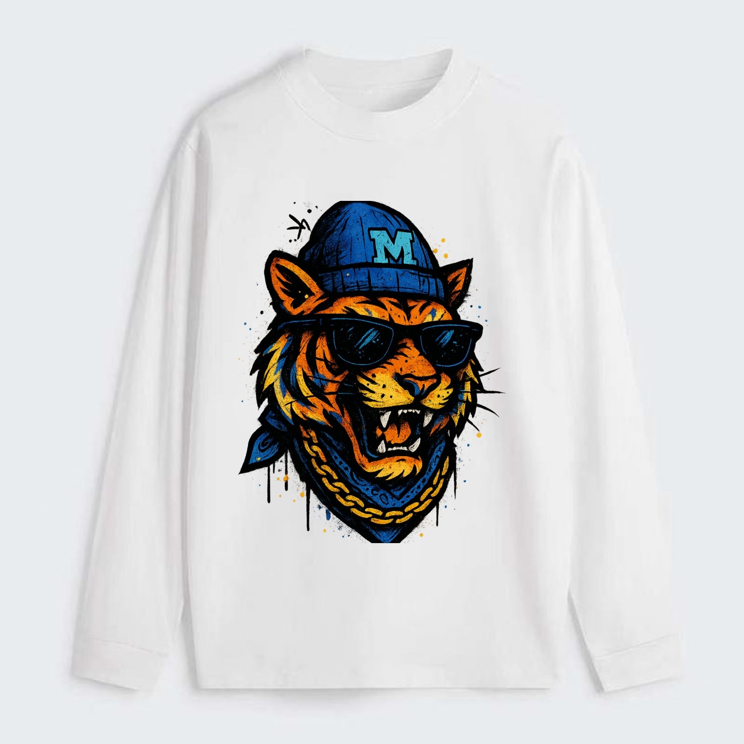 Memphis Tiger wearing Memphis beanie with M patch - Classic Long Sleeve Shirt - White