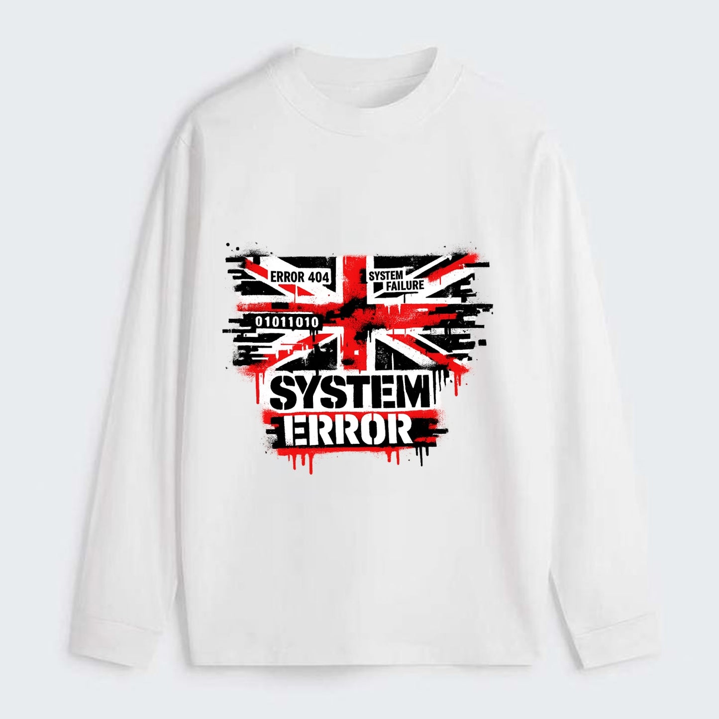 SYSTEM ERROR | Glitch Union Jack pattern | Digital corruption effect | - Classic Long Sleeve Shirt - White