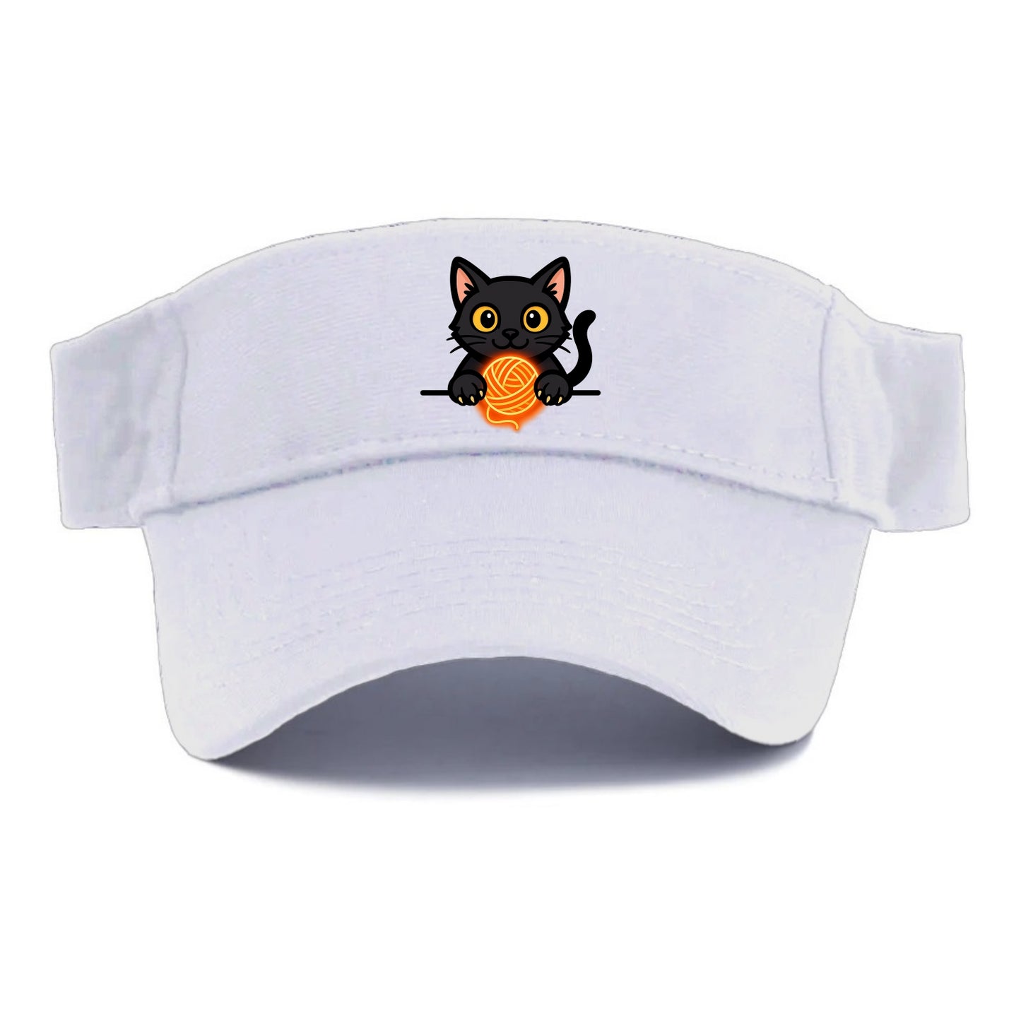 Midnight the black cat popping out of a gift box lid with ribbon trails. - Visor - White