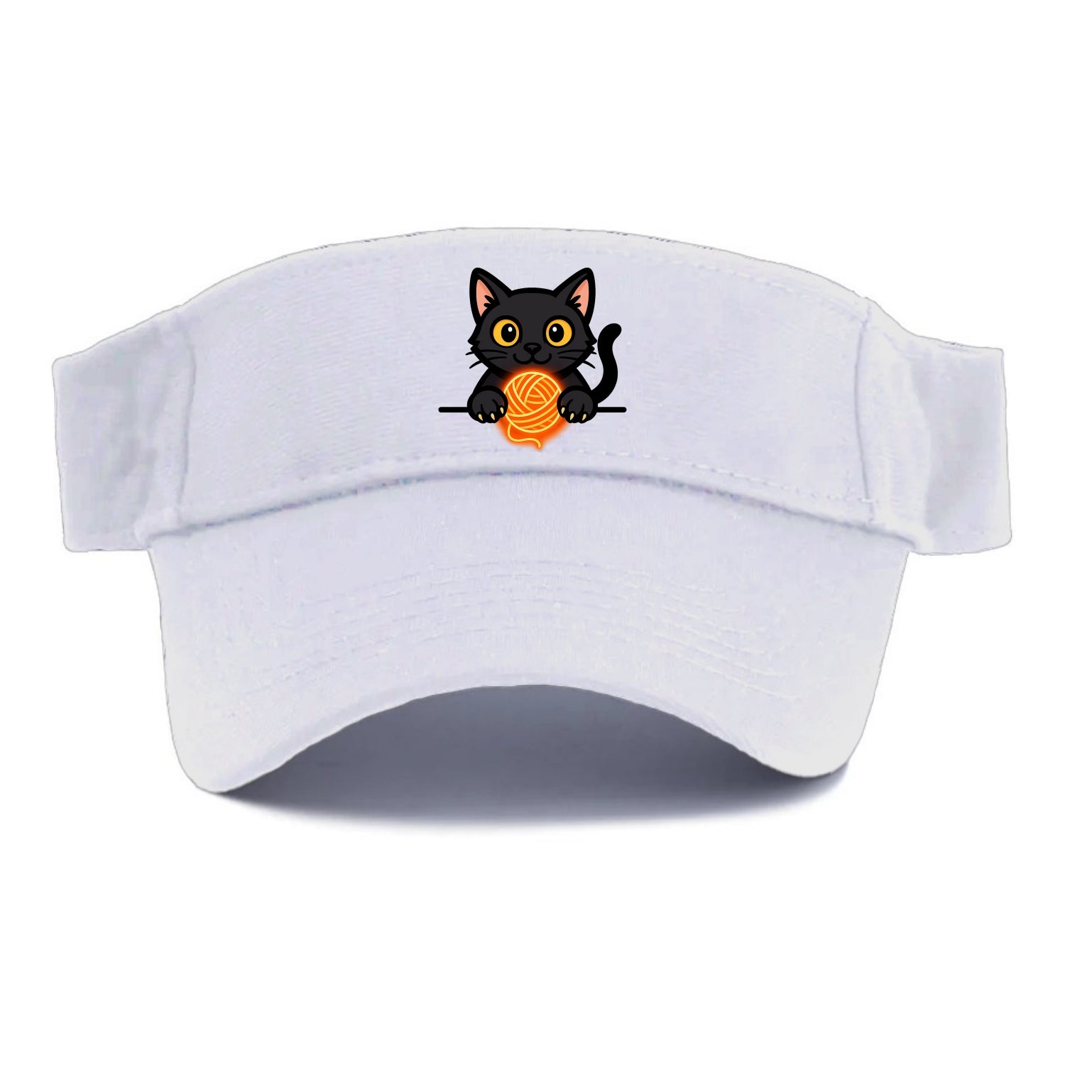 Midnight the black cat popping out of a gift box lid with ribbon trails. - Visor - White