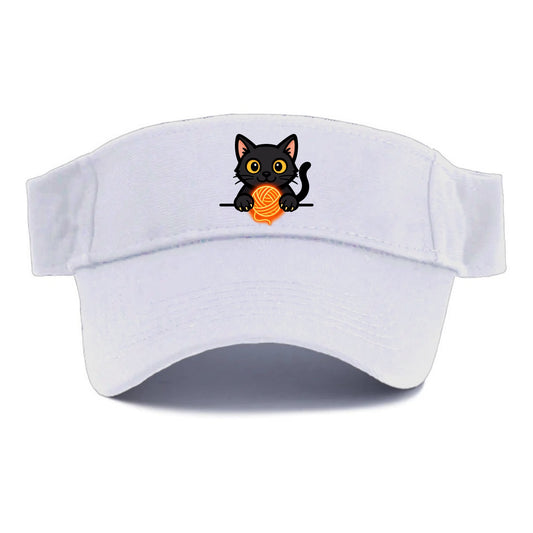 Midnight the black cat popping out of a gift box lid with ribbon trails. - Visor - White