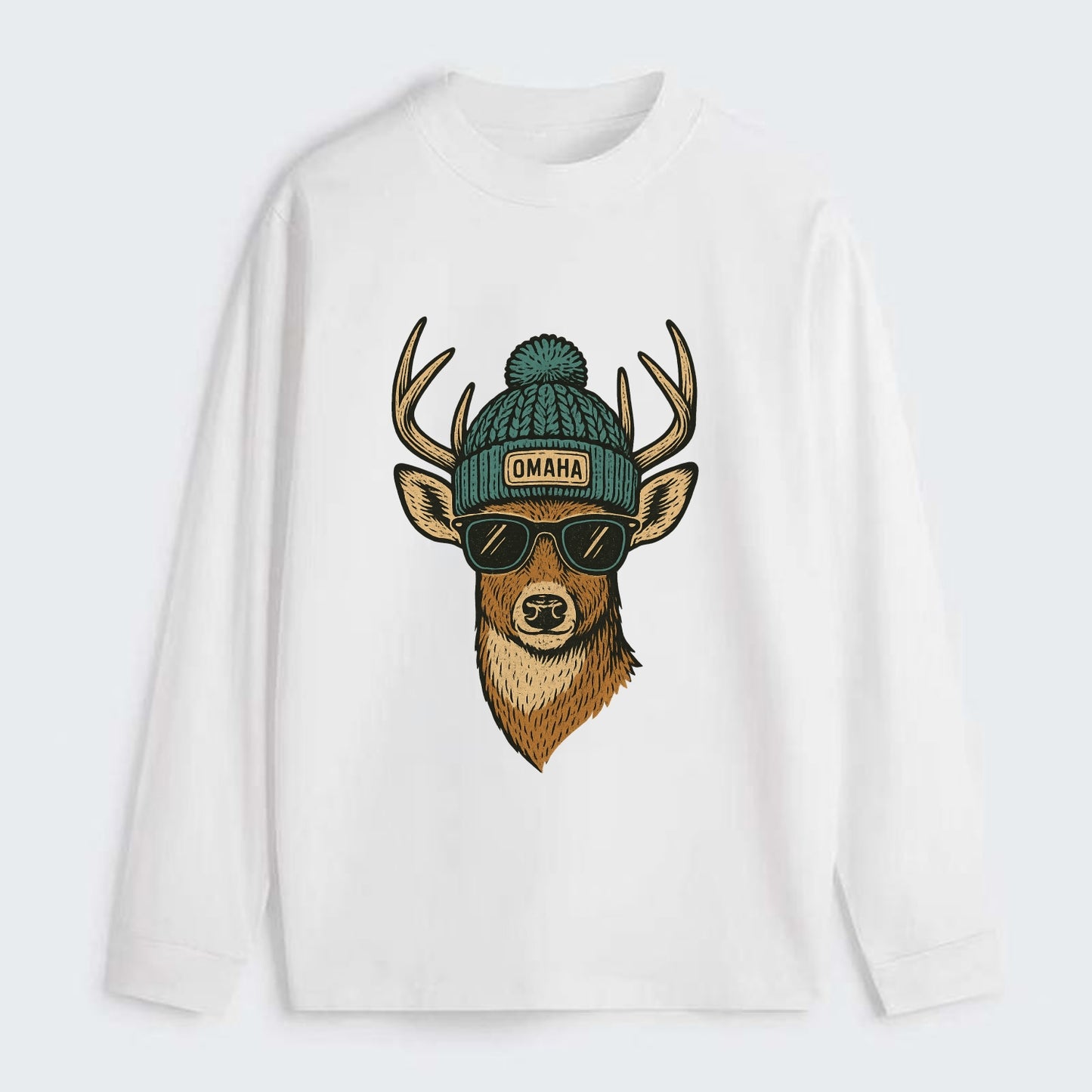 Nebraska White-tailed Deer wearing Omaha beanie with pom pom and - Classic Long Sleeve Shirt - White