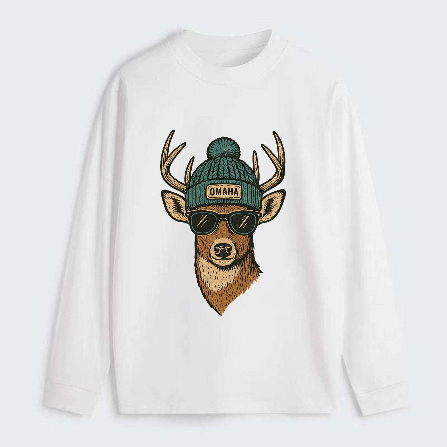 Nebraska White-tailed Deer wearing Omaha beanie with pom pom and - Classic Long Sleeve Shirt - White