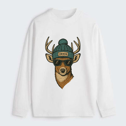 Nebraska White-tailed Deer wearing Omaha beanie with pom pom and - Classic Long Sleeve Shirt - White
