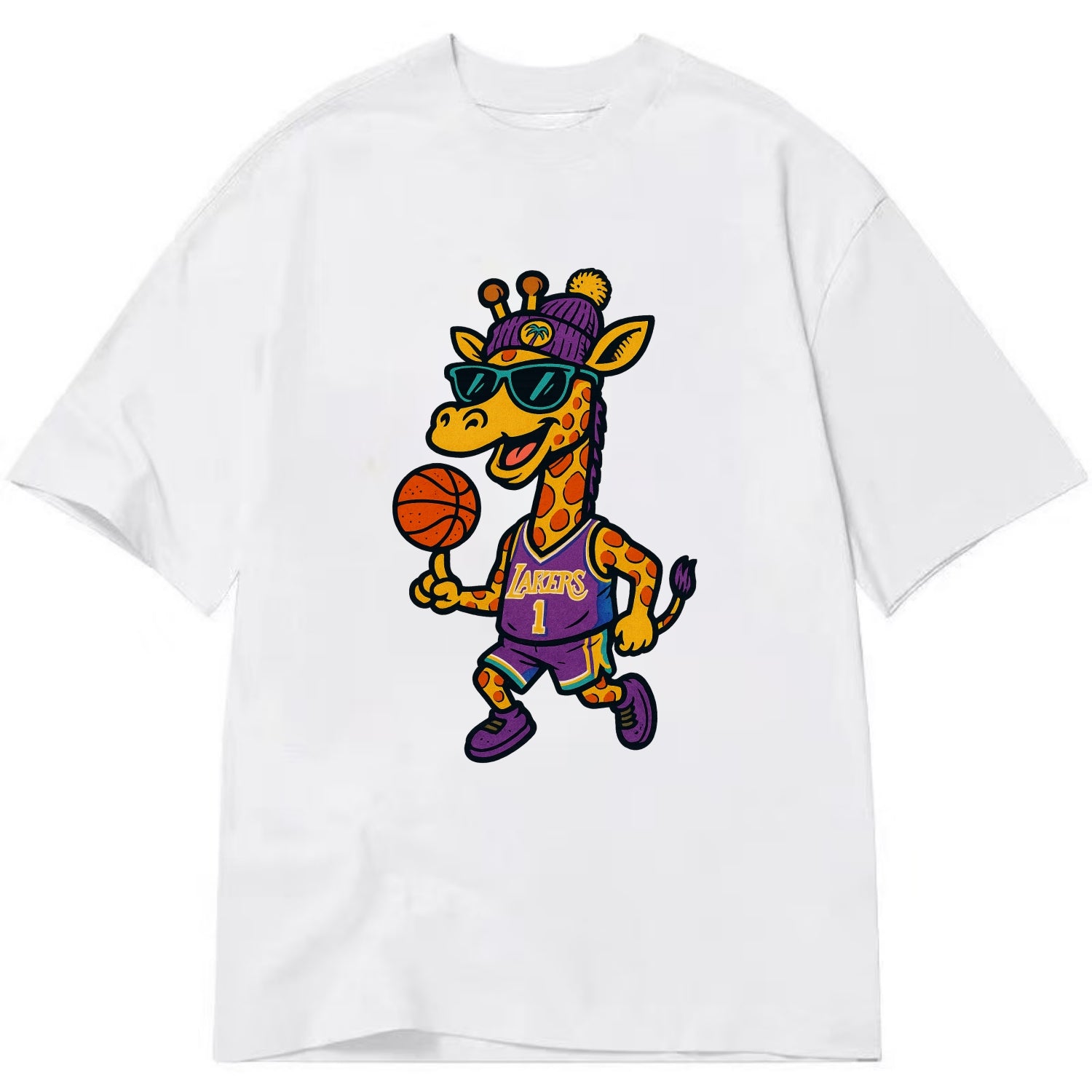 California Giraffe wearing Lakers beanie with palm tree patch and wayfarer - Classic T-shirt - White