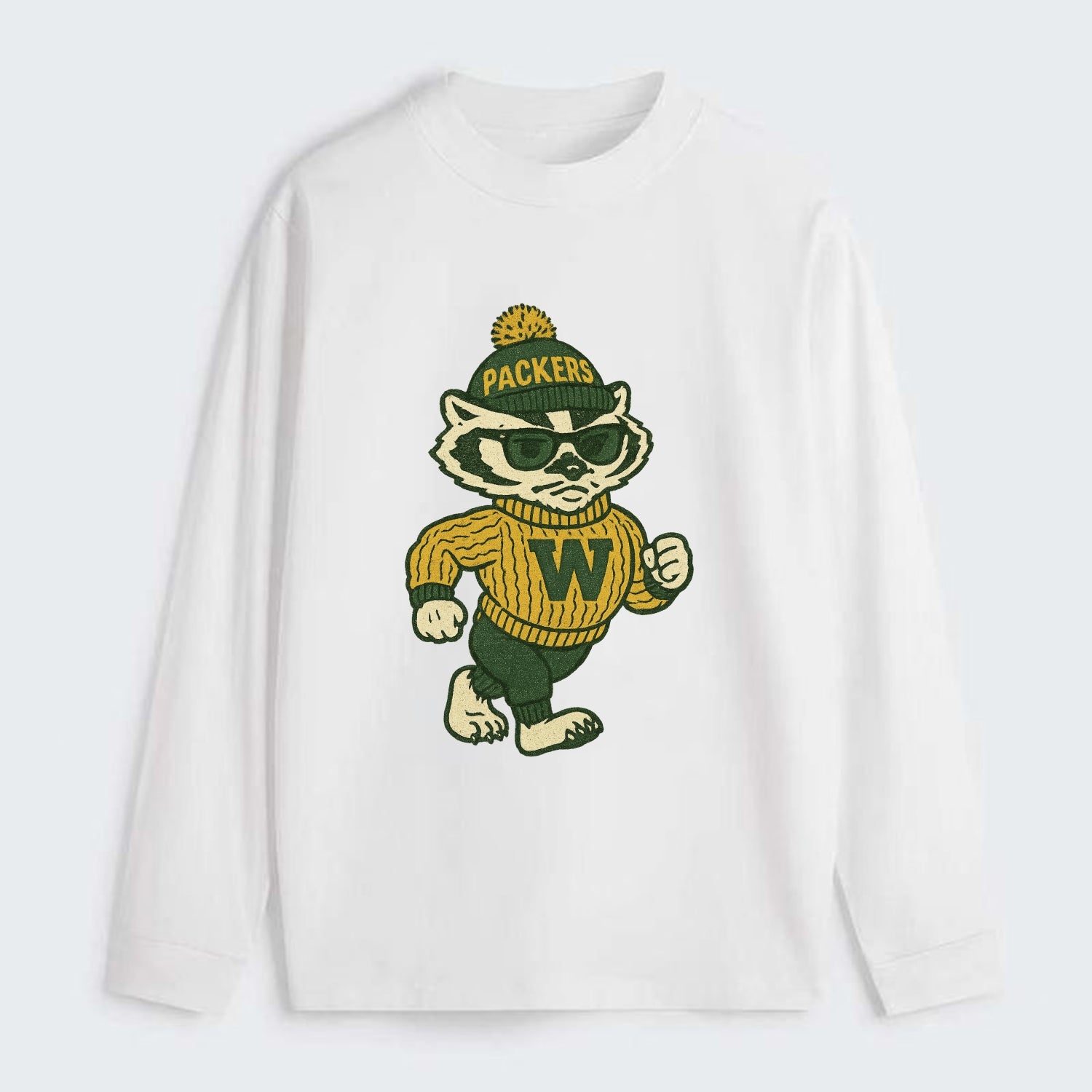 Wisconsin Badger wearing Packers green and gold beanie with pom pom and - Classic Long Sleeve Shirt - White